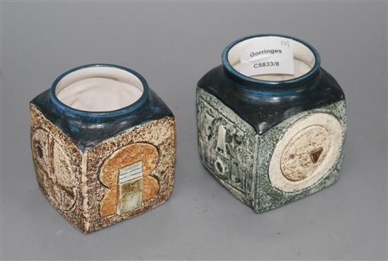 Two Troika marmalade pots, by Tina Doubleday, c.1976 and H.F., 1970s, height 9cm and 9.5cm